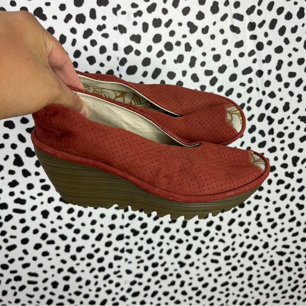 Fly London suede leather peep toe wedge heels